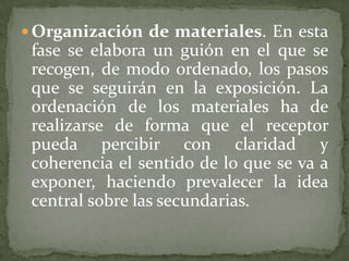  Organización de materiales. En esta
 fase se elabora un guión en el que se
 recogen, de modo ordenado, los pasos
 que se seguirán en la exposición. La
 ordenación de los materiales ha de
 realizarse de forma que el receptor
 pueda percibir con claridad y
 coherencia el sentido de lo que se va a
 exponer, haciendo prevalecer la idea
 central sobre las secundarias.
 