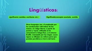 Lingüísticos: 
significante (sonidos, escrituras, etc.) Significado(concepto asociado, sentido 
Otros lenguajes son: el empleado por 
los sordomudos valiéndose de las 
manos; el código Morse, a partir de 
puntos y rayas, utilizado en la 
comunicación telegráfica; y el sistema 
Braille, manejado por los ciegos, cuyos 
signos se dibujan en relieve para que 
puedan percibirse a través del tacto 
 
