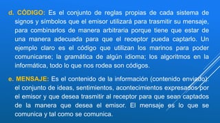 d. CÓDIGO: Es el conjunto de reglas propias de cada sistema de
signos y símbolos que el emisor utilizará para trasmitir su mensaje,
para combinarlos de manera arbitraria porque tiene que estar de
una manera adecuada para que el receptor pueda captarlo. Un
ejemplo claro es el código que utilizan los marinos para poder
comunicarse; la gramática de algún idioma; los algoritmos en la
informática, todo lo que nos rodea son códigos.
e. MENSAJE: Es el contenido de la información (contenido enviado):
el conjunto de ideas, sentimientos, acontecimientos expresados por
el emisor y que desea trasmitir al receptor para que sean captados
de la manera que desea el emisor. El mensaje es lo que se
comunica y tal como se comunica.
 