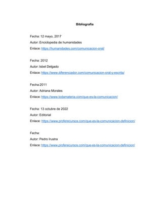Bibliografía
Fecha: 12 mayo, 2017
Autor: Enciclopedia de humanidades
Enlace: https://humanidades.com/comunicacion-oral/
Fecha: 2012
Autor: Isbel Delgado
Enlace: https://www.diferenciador.com/comunicacion-oral-y-escrita/
Fecha:2011
Autor: Adriana Morales
Enlace: https://www.todamateria.com/que-es-la-comunicacion/
Fecha: 13 octubre de 2022
Autor: Editorial
Enlace: https://www.proferecursos.com/que-es-la-comunicacion-definicion/
Fecha:
Autor: Pedro Irustra
Enlace: https://www.proferecursos.com/que-es-la-comunicacion-definicion/
 