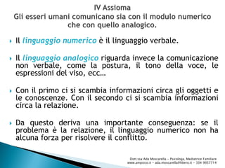  Il linguaggio numerico è il linguaggio verbale.
 Il linguaggio analogico riguarda invece la comunicazione
non verbale, come la postura, il tono della voce, le
espressioni del viso, ecc…
 Con il primo ci si scambia informazioni circa gli oggetti e
le conoscenze. Con il secondo ci si scambia informazioni
circa la relazione.
 Da questo deriva una importante conseguenza: se il
problema è la relazione, il linguaggio numerico non ha
alcuna forza per risolvere il conflitto.
Dott.ssa Ada Moscarella - Psicologa, Mediatrice Familiare
www.ampsico.it - ada.moscarella@libero.it - 334 9057714
 