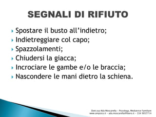  Spostare il busto all’indietro;
 Indietreggiare col capo;
 Spazzolamenti;
 Chiudersi la giacca;
 Incrociare le gambe e/o le braccia;
 Nascondere le mani dietro la schiena.
Dott.ssa Ada Moscarella - Psicologa, Mediatrice Familiare
www.ampsico.it - ada.moscarella@libero.it - 334 9057714
 