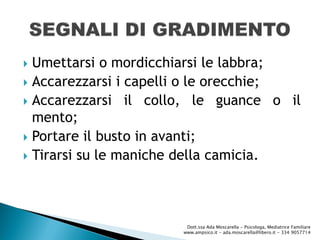  Umettarsi o mordicchiarsi le labbra;
 Accarezzarsi i capelli o le orecchie;
 Accarezzarsi il collo, le guance o il
mento;
 Portare il busto in avanti;
 Tirarsi su le maniche della camicia.
Dott.ssa Ada Moscarella - Psicologa, Mediatrice Familiare
www.ampsico.it - ada.moscarella@libero.it - 334 9057714
 