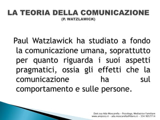 Paul Watzlawick ha studiato a fondo
la comunicazione umana, soprattutto
per quanto riguarda i suoi aspetti
pragmatici, ossia gli effetti che la
comunicazione ha sul
comportamento e sulle persone.
Dott.ssa Ada Moscarella - Psicologa, Mediatrice Familiare
www.ampsico.it - ada.moscarella@libero.it - 334 9057714
 