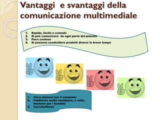 Vantaggi e svantaggi della
comunicazione multimediale
1. Rapido, facile e comodo
2. Si può comunicare da ogni parte del pianeta
3. Poco costoso
4. Si possono condividere prodotti diversi in breve tempo
1. Virus dannosi per il computer
2. Pubblicità molto fastidiose, a volte,
dannose per i bambini
3. Cycerbullismo
 