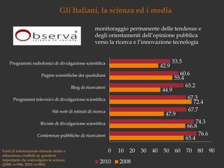 Gli Italiani, la scienza ed i media monitoraggio permanente delle tendenze e degli orientamenti dell’opinione pubblica verso la ricerca e l’innovazione tecnologiaFonti di informazione ritenute molto o abbastanza credibili su questioni importanti che coinvolgono la scienza (2008: n=996; 2010: n=985)