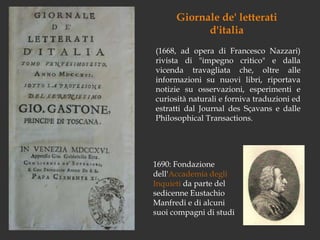 Giornale de' letteratid'italia(1668, ad opera di Francesco Nazzari) rivista di "impegno critico" e dalla vicenda travagliata che, oltre alle informazioni su nuovi libri, riportava notizie su osservazioni, esperimenti e curiosità naturali e forniva traduzioni ed estratti dal Journal desSçavans e dalle PhilosophicalTransactions. 1690: Fondazione dell'Accademia degli Inquieti da parte del sedicenne Eustachio Manfredi e di alcuni suoi compagni di studi