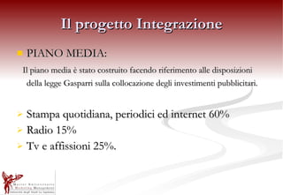 Il progetto Integrazione PIANO MEDIA: Il piano media è stato costruito facendo riferimento alle disposizioni della legge Gasparri sulla collocazione degli investimenti pubblicitari.   Stampa quotidiana, periodici ed internet 60%  Radio 15%  Tv e affissioni 25%. 