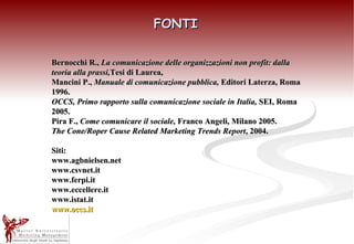 Bernocchi R.,  La comunicazione delle organizzazioni non profit: dalla teoria alla prassi, Tesi di Laurea,  Mancini P.,  Manuale di comunicazione pubblica,  Editori Laterza, Roma 1996. OCCS, Primo rapporto sulla comunicazione sociale in Italia,  SEI, Roma 2005. Pira F.,  Come comunicare il sociale,  Franco Angeli, Milano 2005. The Cone/Roper Cause Related Marketing Trends Report , 2004. Siti: www.agbnielsen.net www.csvnet.it www.ferpi.it www.eccellere.it www.istat.it www.occs.it FONTI 