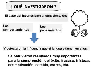 ¿ QUÉ INVESTIGARON ?
El paso del inconsciente al consciente de:
Los
comportamientos
Y detectaron la influencia que el lenguaje tienen en ellos.
Los
pensamientos
Se obtuvieron resultados muy importantes
para la comprensión del éxito, fracaso, tristeza,
desmotivación, cambio, estrés, etc.
 