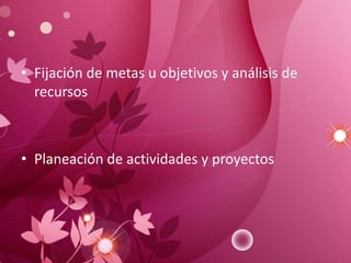 • Fijación de metas u objetivos y análisis de
recursos
• Planeación de actividades y proyectos
 