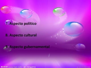 7. Aspecto político
8. Aspecto cultural
9. Aspecto gubernamental
 