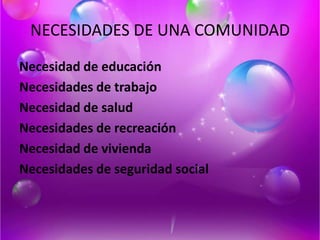 NECESIDADES DE UNA COMUNIDAD
Necesidad de educación
Necesidades de trabajo
Necesidad de salud
Necesidades de recreación
Necesidad de vivienda
Necesidades de seguridad social
 