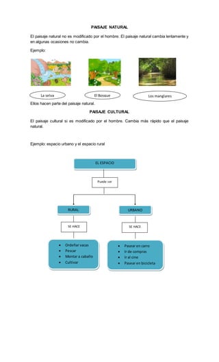 PAISAJE NATURAL
El paisaje natural no es modificado por el hombre. El paisaje natural cambia lentamente y
en algunas ocasiones no cambia.
Ejemplo:
Ellos hacen parte del paisaje natural.
PAISAJE CULTURAL
El paisaje cultural si es modificado por el hombre. Cambia más rápido que el paisaje
natural.
Ejemplo: espacio urbano y el espacio rural
La selva El Bosque Los manglares
EL ESPACIO
Puede ser
RURAL URBANO
SE HACE SE HACE
 Ordeñar vacas
 Pescar
 Montar a caballo
 Cultivar
 Pasear en carro
 Ir de compras
 Ir al cine
 Pasear en bicicleta
 