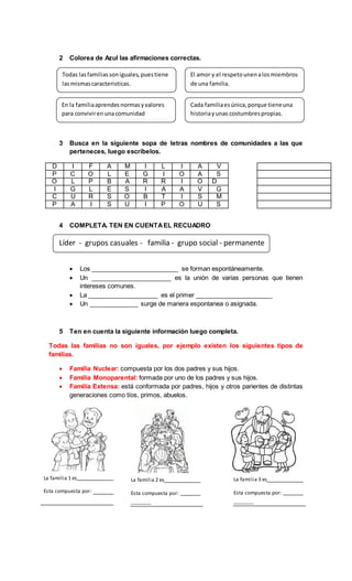 2 Colorea de Azul las afirmaciones correctas.
3 Busca en la siguiente sopa de letras nombres de comunidades a las que
perteneces, luego escríbelos.
D I F A M I L I A V
P C O L E G I O A S
O L P B A R R I O D
I G L E S I A A V G
C U R S O B T I S M
P A I S U I P O U S
4 COMPLETA. TEN EN CUENTAEL RECUADRO
 Los _________________________ se forman espontáneamente.
 Un _______________________ es la unión de varias personas que tienen
intereses comunes.
 La ____________________ es el primer ______________________
 Un ______________ surge de manera espontanea o asignada.
5 Ten en cuenta la siguiente información luego completa.
Todas las familias no son iguales, por ejemplo existen los siguientes tipos de
familias.
 Familia Nuclear: compuesta por los dos padres y sus hijos.
 Familia Monoparental: formada por uno de los padres y sus hijos.
 Familia Extensa: está conformada por padres, hijos y otros parientes de distintas
generaciones como tíos, primos, abuelos.
Todas lasfamiliassoniguales,puestiene
lasmismascaracteristicas.
El amor y el respetounenalosmiembros
de una familia.
En la familiaaprendesnormasyvalores
para convivirenunacomunidad
Todas las familias son iguales, pues tiene
las mismas caracteristicas.
Cada familiaesúnica,porque tieneuna
historiayunas costumbrespropias.
Líder - grupos casuales - familia - grupo social - permanente
La familia 1 es
Esta compuesta por:
La familia 2 es
Esta compuesta por:
La familia 3 es
Esta compuesta por:
 
