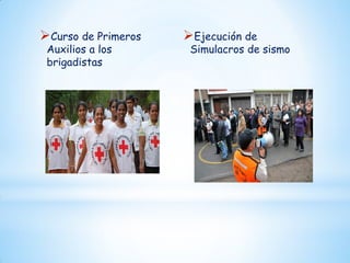 Curso de Primeros
Auxilios a los
brigadistas

Ejecución de

Simulacros de sismo

 