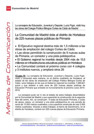 La consejería de educación de Lucía Figar, dota al distrito de hortaleza de 225 nuevas plazas públicas de primaria
