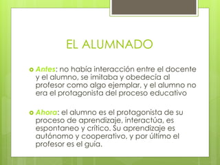 EL ALUMNADO
 Antes: no había interacción entre el docente
y el alumno, se imitaba y obedecía al
profesor como algo ejemplar, y el alumno no
era el protagonista del proceso educativo
 Ahora: el alumno es el protagonista de su
proceso de aprendizaje, interactúa, es
espontaneo y crítico. Su aprendizaje es
autónomo y cooperativo, y por último el
profesor es el guía.
 