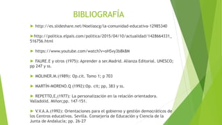 BIBLIOGRAFÍA
► http://es.slideshare.net/Noeliascg/la-comunidad-educativa-12985340
►http://politica.elpais.com/politica/2015/04/10/actualidad/1428664331_
516756.html
► https://www.youtube.com/watch?v=oHSvy3b8k8M
► FAURE.E y otros (1975): Aprender a ser.Madrid. Alianza Editorial. UNESCO;
pp 247 y ss.
► MOLINER.M.(1989): Op.cit. Tomo 1; p 703
► MARTÍN-MORENO.Q (1992):Op. cit; pp, 383 y ss.
► REPETTO,E,(1977): La personalización en la relación orientadora.
Valladolid. Miñon;pp. 147-151.
► V.V.A.A.(1992): Orientaciones para el gobierno y gestión democráticos de
los Centros educativos. Sevilla. Consejería de Educación y Ciencia de la
Junta de Andalucía; pp. 26-27
 