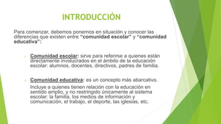 INTRODUCCIÓN
Para comenzar, debemos ponernos en situación y conocer las
diferencias que existen entre “comunidad escolar” y “comunidad
educativa”:
o Comunidad escolar: sirve para referirse a quienes están
directamente involucrados en el ámbito de la educación
escolar: alumnos, docentes, directivos, padres de familia.
o Comunidad educativa: es un concepto más abarcativo.
Incluye a quienes tienen relación con la educación en
sentido amplio, y no restringido únicamente al sistema
escolar: la familia, los medios de información y
comunicación, el trabajo, el deporte, las iglesias, etc.
 