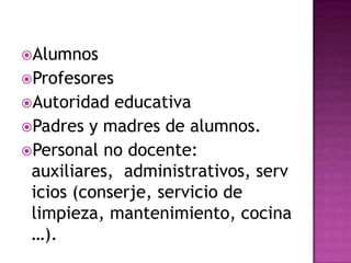 Alumnos
Profesores
Autoridad  educativa
Padres y madres de alumnos.
Personal no docente:
 auxiliares, administrativos, serv
 icios (conserje, servicio de
 limpieza, mantenimiento, cocina
 …).
 