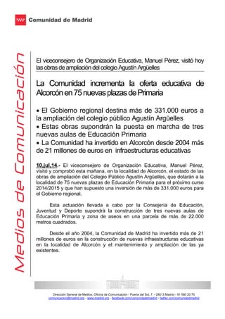 La Comunidad incrementa la oferta educativa de Alcorcón en 75 nuevas plazas de primaria
