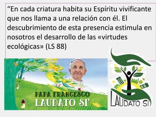 “En cada criatura habita su Espíritu vivificante
que nos llama a una relación con él. El
descubrimiento de esta presencia estimula en
nosotros el desarrollo de las «virtudes
ecológicas» (LS 88)
 