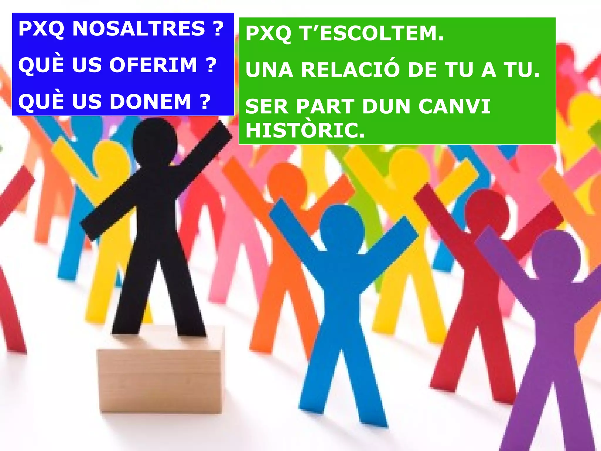 PXQ NOSALTRES ? QUÈ US OFERIM ? QUÈ US DONEM ? PXQ T’ESCOLTEM. UNA RELACIÓ DE TU A TU. SER PART DUN CANVI HISTÒRIC. 