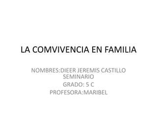 LA COMVIVENCIA EN FAMILIA
NOMBRES:DIEER JEREMIS CASTILLO
SEMINARIO
GRADO: 5 C
PROFESORA:MARIBEL
 