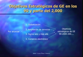 Objetivos Estratégicos de GE en los 90 y parte del 2,000 MMT Victor Plaza Vidaurre Por alcanzar Objetivos estratégicos de GE 90-2000-200.... 1. Globalización 2. Ampliación de servicios 3. Sigma seis y más allá 4. Comercio electrónico 