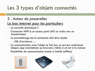 Les 3 types d’objets connectés
2 - Autour de passerelles
La box internet pour les particuliers
 La nouvelle domotique ?
 Connexion WIFI à un access point (AP) ou radio vers un
concentrateur
 Le paramétrage de la connexion doit être simple
 USB, Smartphone, …
 La communication avec l’objet se fait par un serveur extérieure
(depuis app smartphone ou browser), même si on est à la maison
 Possibilités de communication locale si intérêt (offline)
 