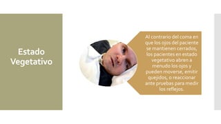 Estado
Vegetativo
Al contrario del coma en
que los ojos del paciente
se mantienen cerrados,
los pacientes en estado
vegetativo abren a
menudo los ojos y
pueden moverse, emitir
quejidos, o reaccionar
ante pruebas para medir
los reflejos.
 