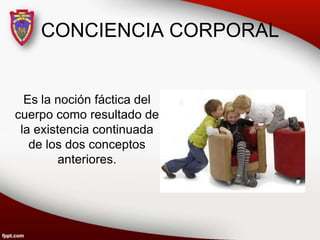 CONCIENCIA CORPORAL
Es la noción fáctica del
cuerpo como resultado de
la existencia continuada
de los dos conceptos
anteriores.