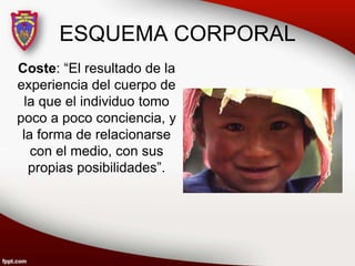ESQUEMA CORPORAL
Coste: “El resultado de la
experiencia del cuerpo de
la que el individuo tomo
poco a poco conciencia, y
la forma de relacionarse
con el medio, con sus
propias posibilidades”.