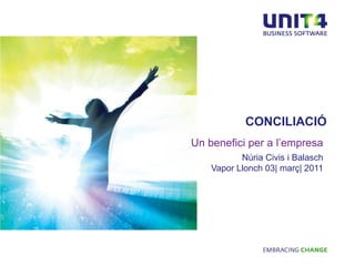 CONCILIACIÓ
Un benefici per a l’empresa
           Núria Civis i Balasch
    Vapor Llonch 03| març| 2011
 