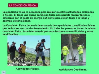 LA CONDICIÓN FÍSICA: La condición física es necesaria para realizar nuestras actividades cotidianas o físicas. El tener una buena condición física nos permite realizar tareas o esfuerzos con el gasto de energía suficiente para evitar llegar a la fatiga y además, evitar lesiones.  La Condición Física depende de una serie de capacidades o cualidades físicas que se favorecen con el entrenamiento. No todas las personas tienen la misma condición física; ésta determinada por unos factores no modificables y otros modificables.  Actividades Físicas. Actividades Cotidianas. 