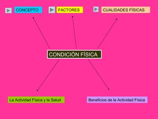 CONCEPTO                 FACTORES           CUALIDADES FÍSICAS




                       CONDICIÓN FÍSICA




La Actividad Física y la Salud         Beneficios de la Actividad Física
 