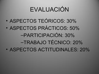 EVALUACIÓN
• ASPECTOS TEÓRICOS: 30%
• ASPECTOS PRÁCTICOS: 50%
     –PARTICIPACIÓN: 30%
     –TRABAJO TÉCNICO: 20%
• ASPECTOS ACTITUDINALES: 20%
 