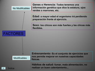 Genes o Herencia: Todos tenemos una
     No Modificables información genética que dice la estatura, ojos
     No Modificables
                     verdes o marrones, etc.

                      Edad: a mayor edad el organismo irá perdiendo
                      preparación frente al ejercicio.

                      Sexo: los chicos son más fuertes y las chicas más
                      flexibles.

FACTORES




                     Entrenamiento: Es el conjunto de ejercicios que
                     nos permite mejorar en nuestras capacidades
      Modificables
      Modificables   físicas.

                     Hábitos de salud: fumar, mala alimentación, no
 Índice              realizar un buen calentamiento...
 