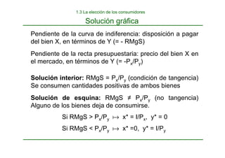 Pendiente de la curva de indiferencia: disposición a pagar
del bien X, en términos de Y (= - RMgS)
Pendiente de la recta presupuestaria: precio del bien X en
el mercado, en términos de Y (= -Px/Py)
Solución interior: RMgS = Px/Py (condición de tangencia)
Se consumen cantidades positivas de ambos bienes
Solución de esquina: RMgS ≠ Px/Py (no tangencia)
Alguno de los bienes deja de consumirse.
Si RMgS > Px/Py a x* = I/Px, y* = 0
Si RMgS < Px/Py a x* =0, y* = I/Py
Solución gráfica
1.3 La elección de los consumidores
 