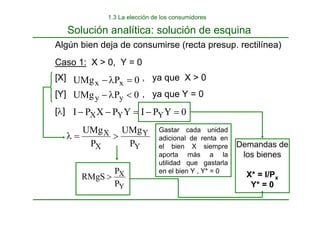 Algún bien deja de consumirse (recta presup. rectilínea)
Caso 1: X > 0, Y = 0
[X] , ya que X > 0
[Y] , ya que Y = 0
0
P
UMg x
x =
λ
−
0
P
UMg y
y <
λ
−
[λ] 0
Y
P
I
Y
P
X
P
I Y
Y
X =
−
=
−
−
Y
Y
X
X
P
UMg
P
UMg
>
=
λ
Y
X
P
P
RMgS >
Solución analítica: solución de esquina
Demandas de
los bienes
X* = I/Px
Y* = 0
1.3 La elección de los consumidores
Gastar cada unidad
adicional de renta en
el bien X siempre
aporta más a la
utilidad que gastarla
en el bien Y , Y* = 0
 
