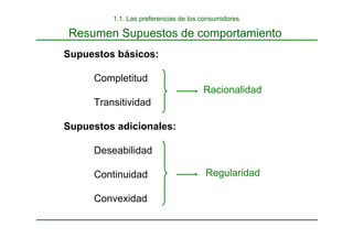 Supuestos básicos:
Completitud
Transitividad
Supuestos adicionales:
Deseabilidad
Continuidad
Convexidad
Racionalidad
Regularidad
Resumen Supuestos de comportamiento
1.1. Las preferencias de los consumidores
 