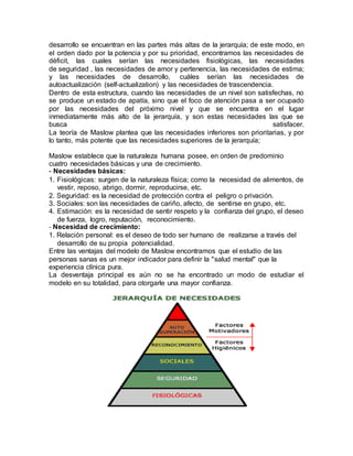 desarrollo se encuentran en las partes más altas de la jerarquía; de este modo, en 
el orden dado por la potencia y por su prioridad, encontramos las necesidades de 
déficit, las cuales serían las necesidades fisiológicas, las necesidades 
de seguridad , las necesidades de amor y pertenencia, las necesidades de estima; 
y las necesidades de desarrollo, cuáles serían las necesidades de 
autoactualización (self-actualization) y las necesidades de trascendencia. 
Dentro de esta estructura, cuando las necesidades de un nivel son satisfechas, no 
se produce un estado de apatía, sino que el foco de atención pasa a ser ocupado 
por las necesidades del próximo nivel y que se encuentra en el lugar 
inmediatamente más alto de la jerarquía, y son estas necesidades las que se 
busca satisfacer. 
La teoría de Maslow plantea que las necesidades inferiores son prioritarias, y por 
lo tanto, más potente que las necesidades superiores de la jerarquía; 
Maslow establece que la naturaleza humana posee, en orden de predominio 
cuatro necesidades básicas y una de crecimiento. 
- Necesidades básicas: 
1. Fisiológicas: surgen de la naturaleza física; como la necesidad de alimentos, de 
vestir, reposo, abrigo, dormir, reproducirse, etc. 
2. Seguridad: es la necesidad de protección contra el peligro o privación. 
3. Sociales: son las necesidades de cariño, afecto, de sentirse en grupo, etc. 
4. Estimación: es la necesidad de sentir respeto y la confianza del grupo, el deseo 
de fuerza, logro, reputación, reconocimiento. 
- Necesidad de crecimiento: 
1. Relación personal: es el deseo de todo ser humano de realizarse a través del 
desarrollo de su propia potencialidad. 
Entre las ventajas del modelo de Maslow encontramos que el estudio de las 
personas sanas es un mejor indicador para definir la "salud mental" que la 
experiencia clínica pura. 
La desventaja principal es aún no se ha encontrado un modo de estudiar el 
modelo en su totalidad, para otorgarle una mayor confianza. 
 
