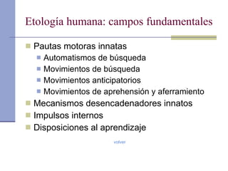 Etología humana: campos fundamentales Pautas motoras innatas Automatismos de búsqueda Movimientos de búsqueda Movimientos anticipatorios Movimientos de aprehensión y aferramiento Mecanismos desencadenadores innatos Impulsos internos Disposiciones al aprendizaje volver 