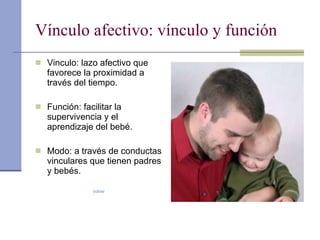 Vínculo afectivo: vínculo y función Vinculo: lazo afectivo que favorece la proximidad a través del tiempo. Función: facilitar la supervivencia y el aprendizaje del bebé. Modo: a través de conductas vinculares que tienen padres y bebés. volver 