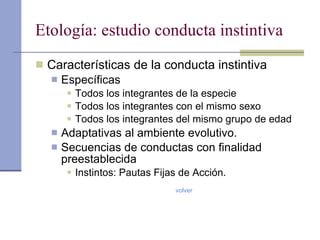 Etología: estudio conducta instintiva Características de la conducta instintiva Específicas Todos los integrantes de la especie Todos los integrantes con el mismo sexo Todos los integrantes del mismo grupo de edad Adaptativas al ambiente evolutivo. Secuencias de conductas con finalidad preestablecida Instintos: Pautas Fijas de Acción. volver 