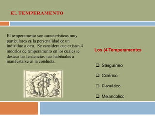 EL TEMPERAMENTO
El temperamento son características muy
particulares en la personalidad de un
individuo a otro. Se considera que existen 4
modelos de temperamento en los cuales se
destaca las tendencias mas habituales a
manifestarse en la conducta.
Los (4)Temperamentos
 Sanguíneo
 Colérico
 Flemático
 Melancólico
 