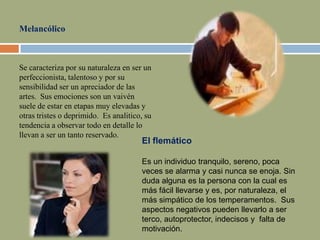 Melancólico
Se caracteriza por su naturaleza en ser un
perfeccionista, talentoso y por su
sensibilidad ser un apreciador de las
artes. Sus emociones son un vaivén
suele de estar en etapas muy elevadas y
otras tristes o deprimido. Es analitico, su
tendencia a observar todo en detalle lo
llevan a ser un tanto reservado.
El flemático
Es un individuo tranquilo, sereno, poca
veces se alarma y casi nunca se enoja. Sin
duda alguna es la persona con la cual es
más fácil llevarse y es, por naturaleza, el
más simpático de los temperamentos. Sus
aspectos negativos pueden llevarlo a ser
terco, autoprotector, indecisos y falta de
motivación.
 
