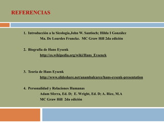 REFERENCIAS
1. Introducción a la Sicología,John W. Santioch; Hilda I González
Ma. De Lourdes Francke. MC Graw Hill 2da edición
2. Biografía de Hans Eysenk
http://es.wikipedia.org/wiki/Hans_Eysenck
3. Teoría de Hans Eysenk
http://www.slideshare.net/anambalcarce/hans-eysenk-presentation
4. Personalidad y Relaciones Humanas
Adam Sferra, Ed. D; E. Wright, Ed. D; A. Rice, M.A
MC Graw Hill 2da edición
 
