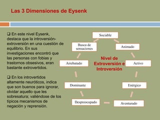 Sociable
Animado
Activo
Enérgico
AventuradoDespreocupado
Dominante
Arrebatado
Busca de
sensaciones
Nivel de
Extroversión e
Introversión
 En este nivel Eysenk,
destaca que la introversión-
extroversión en una cuestión de
equilibrio. En sus
investigaciones encontró que
las personas con fobias y
trastornos obsesivos, eran
bastante extrovertidos.
 En los introvertidos
altamente neuróticos, indica
que son buenos para ignorar,
olvidar aquello que les
sobresatura; valiéndose de los
típicos mecanismos de
negación y reprensión.
Las 3 Dimensiones de Eysenk
 